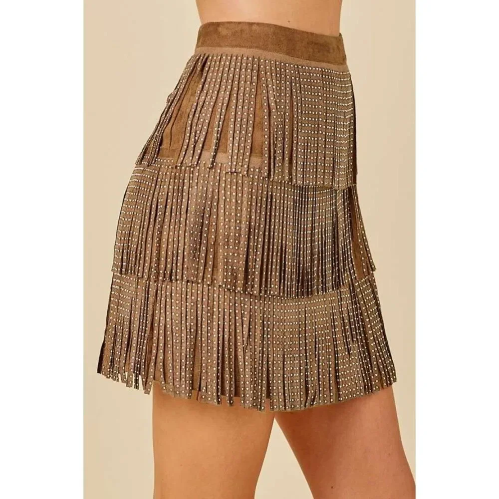 Francesca's Mi Ami Brown Mini Fringe Skirt Women's Size XS NWT